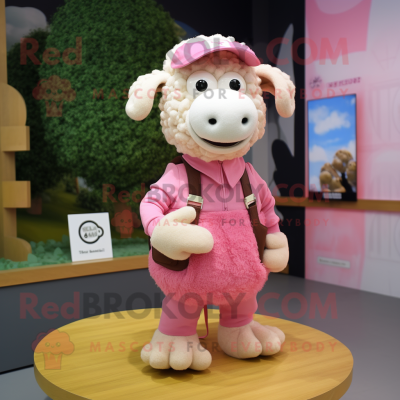 Pink Merino Sheep mascot costume character dressed with a Shorts and Brooches