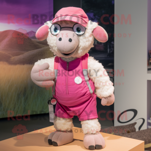 Pink Merino Sheep mascot costume character dressed with a Shorts and Brooches