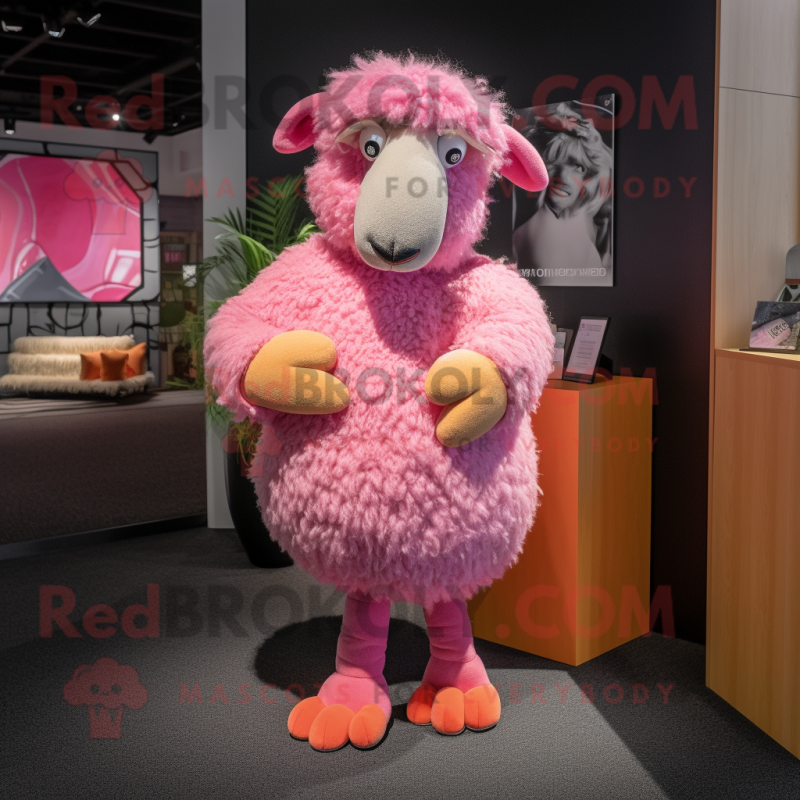 Pink Merino Sheep mascot costume character dressed with a Shorts and Brooches