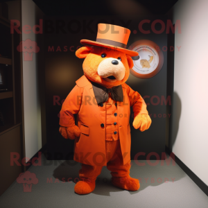 Orange Sow mascot costume character dressed with a Coat and Hat pins