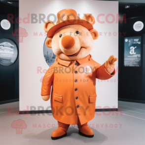 Orange Sow mascot costume character dressed with a Coat and Hat pins