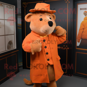 Orange Sow mascot costume character dressed with a Coat and Hat pins