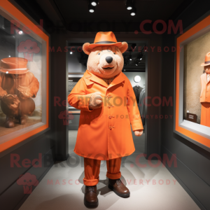 Orange Sow mascot costume character dressed with a Coat and Hat pins