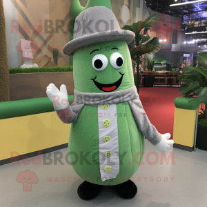 Silver Cucumber mascot costume character dressed with a Corduroy Pants and Rings