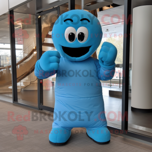 Blue Boxing Glove mascot costume character dressed with a Cover-up and Mittens