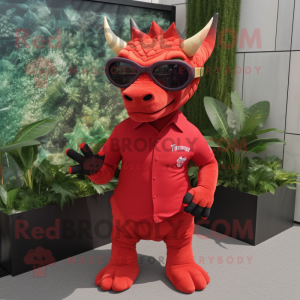 Red Triceratops mascot costume character dressed with a Henley Shirt and Sunglasses