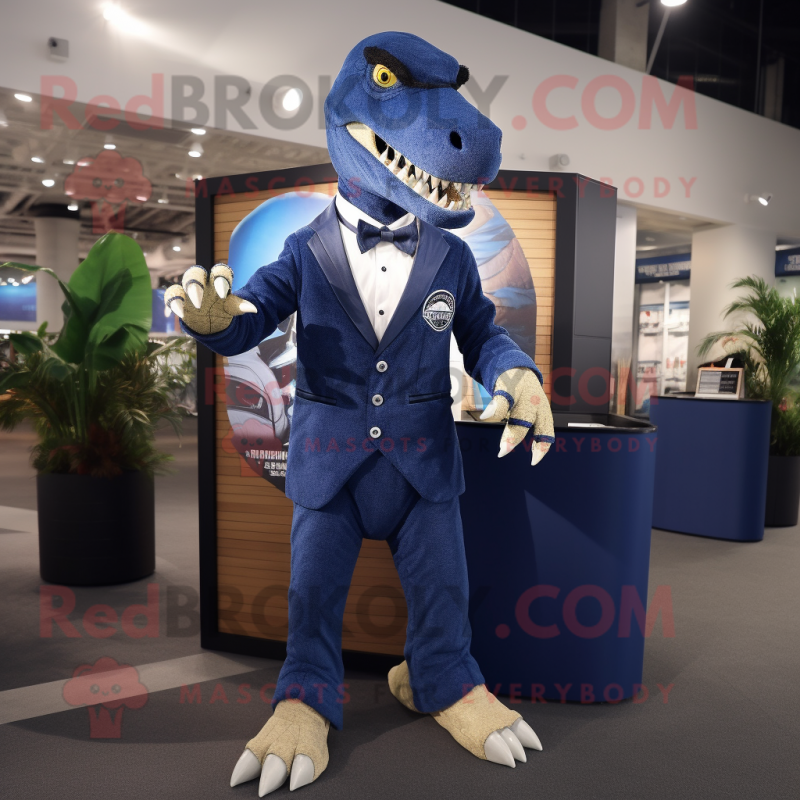 Navy Tyrannosaurus mascot costume character dressed with a Suit Jacket and Anklets