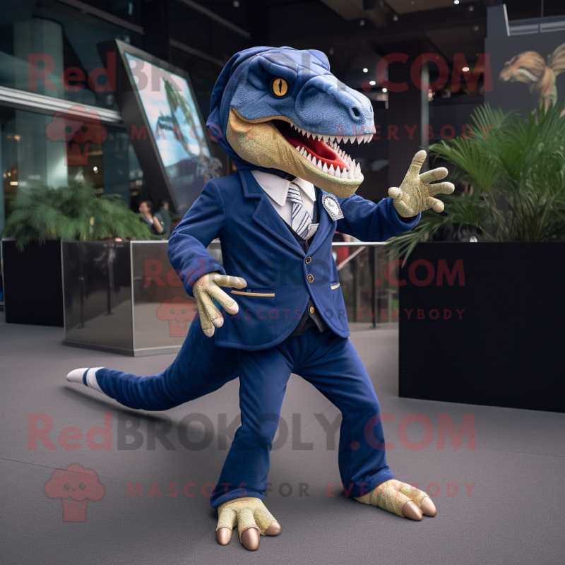 Navy Tyrannosaurus mascot costume character dressed with a Suit Jacket and Anklets Navy Tyrannosaurus mascot costume character dressed with a Suit Jacket and Anklets