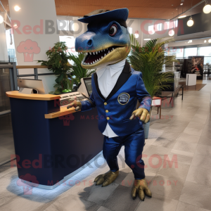 Navy Tyrannosaurus mascot costume character dressed with a Suit Jacket and Anklets