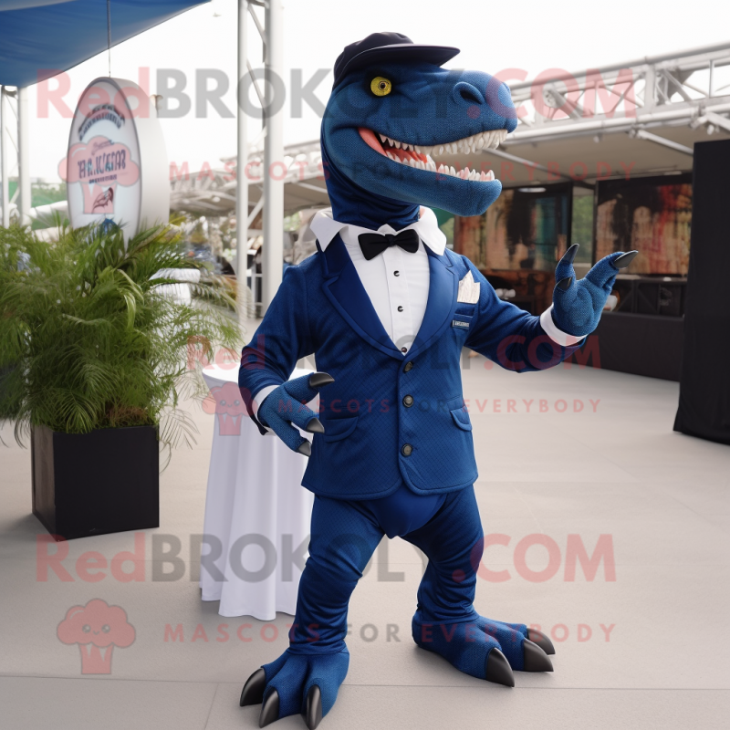 Navy Tyrannosaurus mascot costume character dressed with a Suit Jacket and Anklets