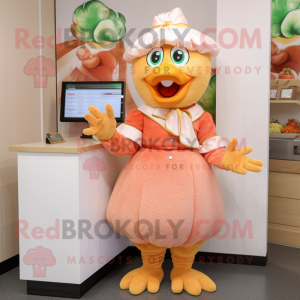 Peach Chicken mascot costume character dressed with a Wrap Skirt and Mittens