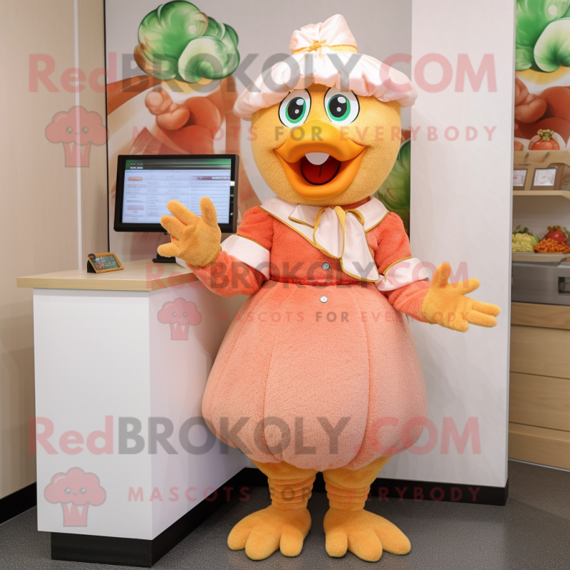 Peach Chicken mascot costume character dressed with a Wrap Skirt and Mittens