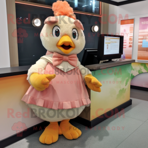 Peach Chicken mascot costume character dressed with a Wrap Skirt and Mittens