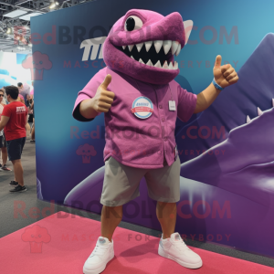 Magenta Megalodon mascot costume character dressed with a Cargo Shorts and Shoe laces