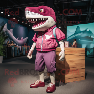 Magenta Megalodon mascot costume character dressed with a Cargo Shorts and Shoe laces