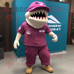 Magenta Megalodon mascot costume character dressed with a Cargo Shorts and Shoe laces