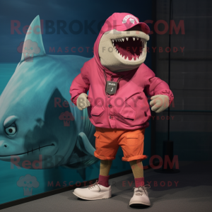 Magenta Megalodon mascot costume character dressed with a Cargo Shorts and Shoe laces