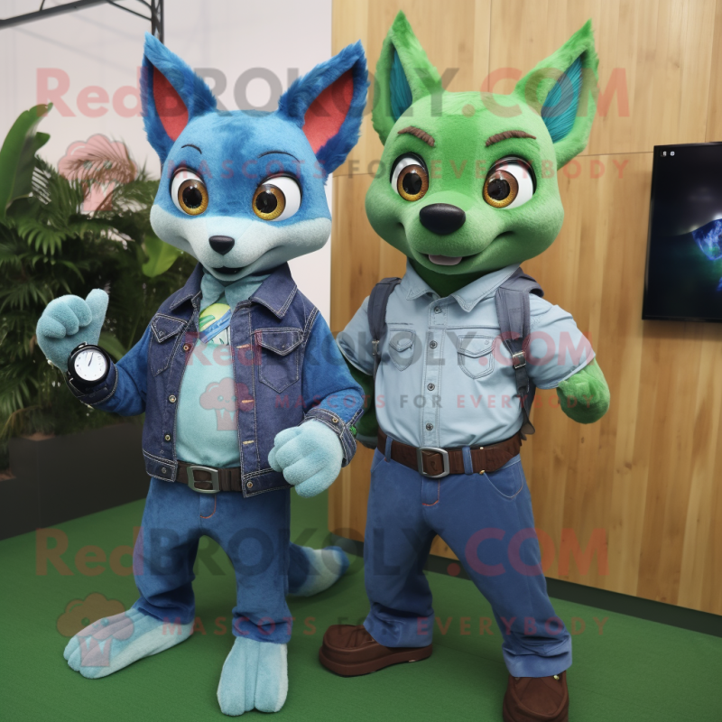 Green Fox mascot costume character dressed with a Denim Shirt and Smartwatches