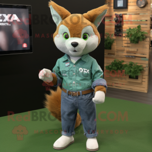 Green Fox mascot costume character dressed with a Denim Shirt and Smartwatches