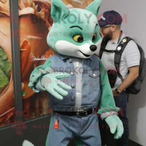 Green Fox mascot costume character dressed with a Denim Shirt and Smartwatches