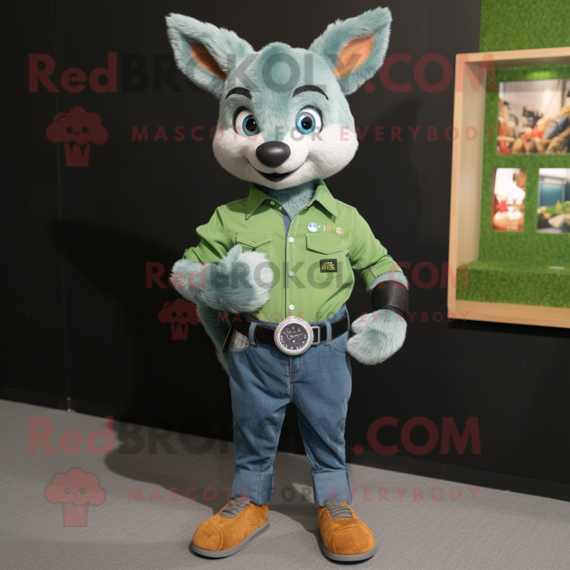 Green Fox mascot costume character dressed with a Denim Shirt and Smartwatches