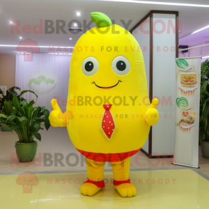 Lemon Yellow Strawberry mascot costume character dressed with a Polo Tee and Shawl pins