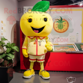 Lemon Yellow Strawberry mascot costume character dressed with a Polo Tee and Shawl pins
