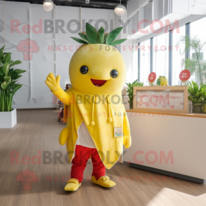Lemon Yellow Strawberry mascot costume character dressed with a Polo Tee and Shawl pins