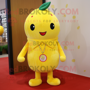 Lemon Yellow Strawberry mascot costume character dressed with a Polo Tee and Shawl pins