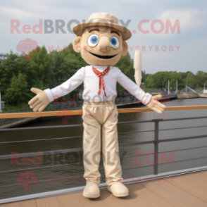 Cream Tightrope Walker mascot costume character dressed with a T-Shirt and Pocket squares