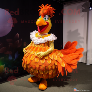 Orange Rooster mascot costume character dressed with a Ball Gown and Hairpins