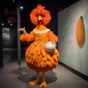 Orange Rooster mascot costume character dressed with a Ball Gown and Hairpins