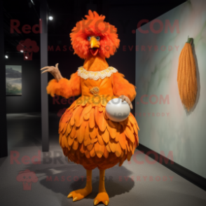 Orange Rooster mascot costume character dressed with a Ball Gown and Hairpins