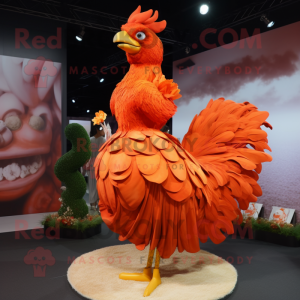 Orange Rooster mascot costume character dressed with a Ball Gown and Hairpins