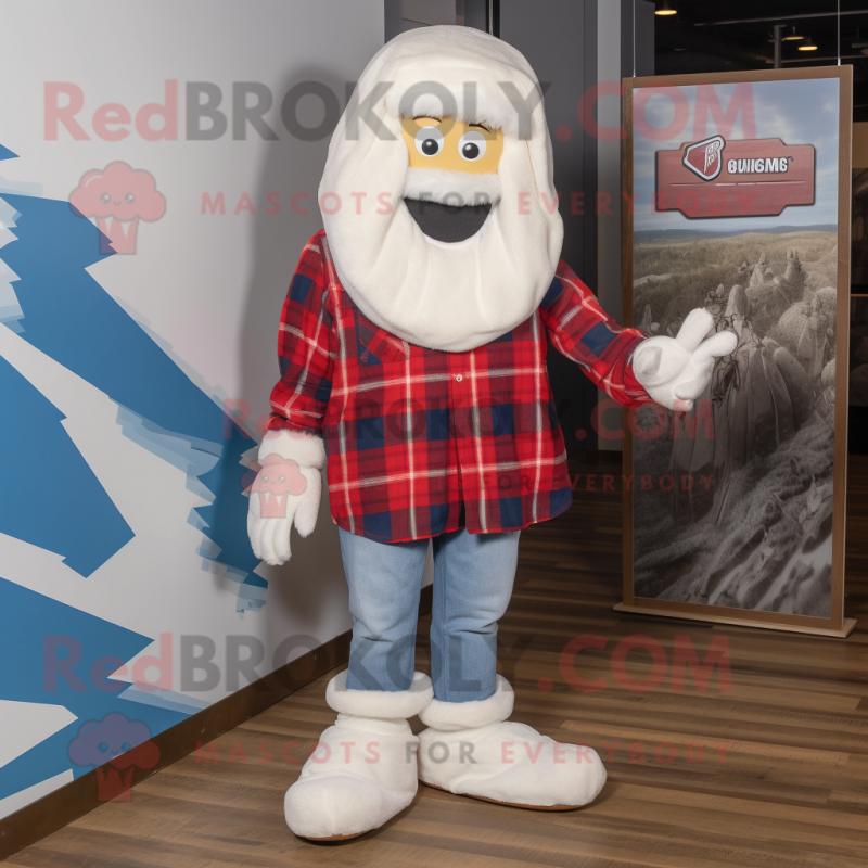White Spaghetti mascot costume character dressed with a Flannel Shirt and Foot pads