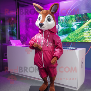 Magenta Roe Deer mascot costume character dressed with a Raincoat and Bracelet watches