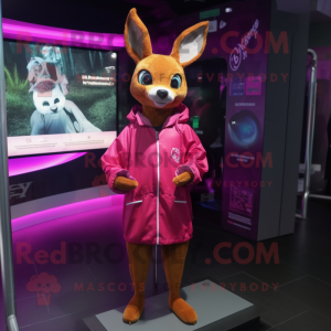 Magenta Roe Deer mascot costume character dressed with a Raincoat and Bracelet watches