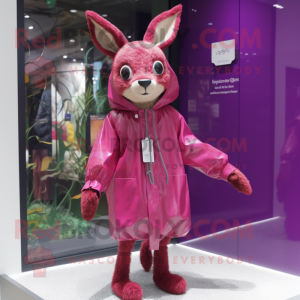 Magenta Roe Deer mascot costume character dressed with a Raincoat and Bracelet watches
