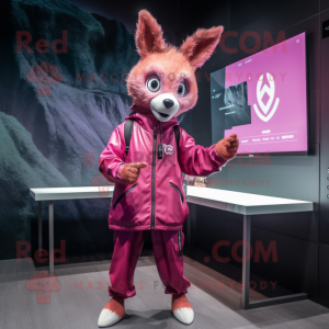 Magenta Roe Deer mascot costume character dressed with a Raincoat and Bracelet watches