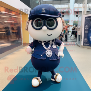 Navy Petanque Ball mascot costume character dressed with a Mini Skirt and Bracelet watches