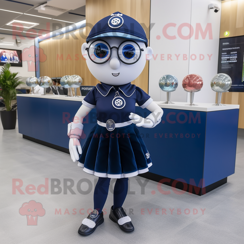 Navy Petanque Ball mascot costume character dressed with a Mini Skirt and Bracelet watches