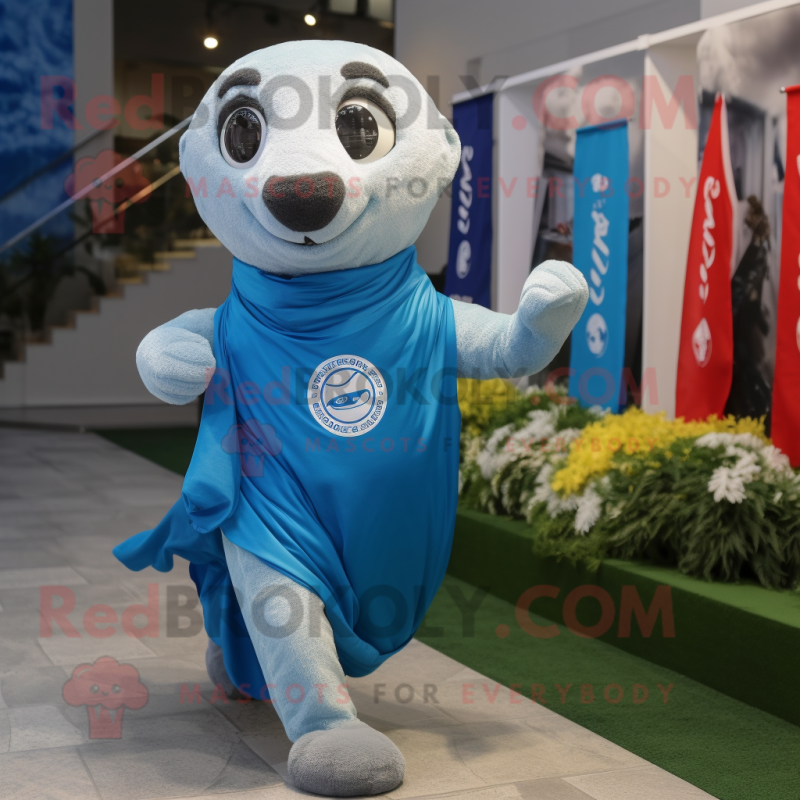 Blue Seal mascot costume character dressed with a Running Shorts and Scarves