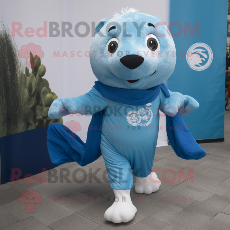 Blue Seal mascot costume character dressed with a Running Shorts and Scarves