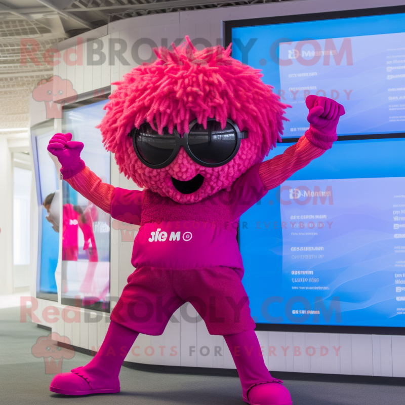 Magenta But mascot costume character dressed with a One-Piece Swimsuit and Watches Magenta But mascot costume character dressed with a One-Piece Swimsuit and Watches