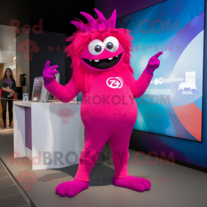 Magenta But mascot costume character dressed with a One-Piece Swimsuit and Watches