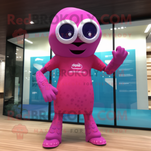 Magenta But mascot costume character dressed with a One-Piece Swimsuit and Watches