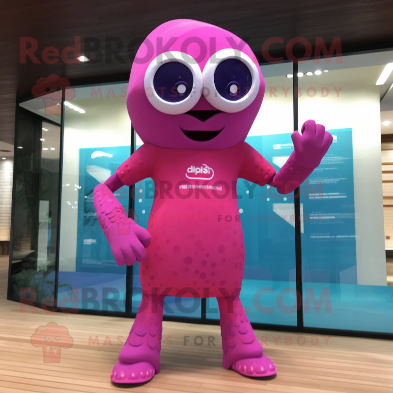 Magenta But mascot costume character dressed with a One-Piece Swimsuit and Watches Magenta But mascot costume character dressed with a One-Piece Swimsuit and Watches