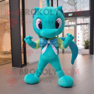 Turquoise Hydra mascot costume character dressed with a Yoga Pants and Bow ties