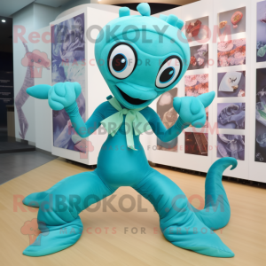 Turquoise Hydra mascot costume character dressed with a Yoga Pants and Bow ties