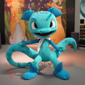 Turquoise Hydra mascot costume character dressed with a Yoga Pants and Bow ties